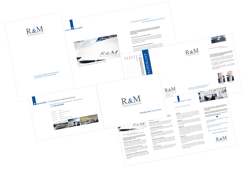 Corporate Design Broschüren der Vermögensverwaltung R+M gestaltet von Agentur Design & Event