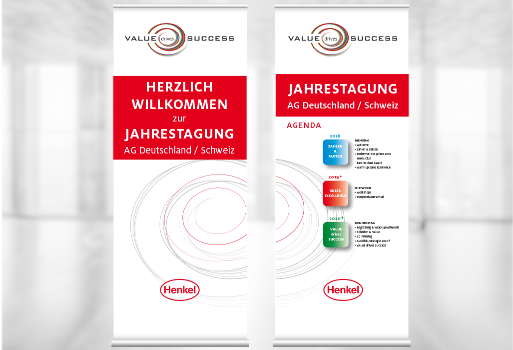 Großflächige Werbeformate Henkel Rollups Jahrestagung 2019 erstellt von Agentur Design & Event München Daniela Ucles Bäumler
